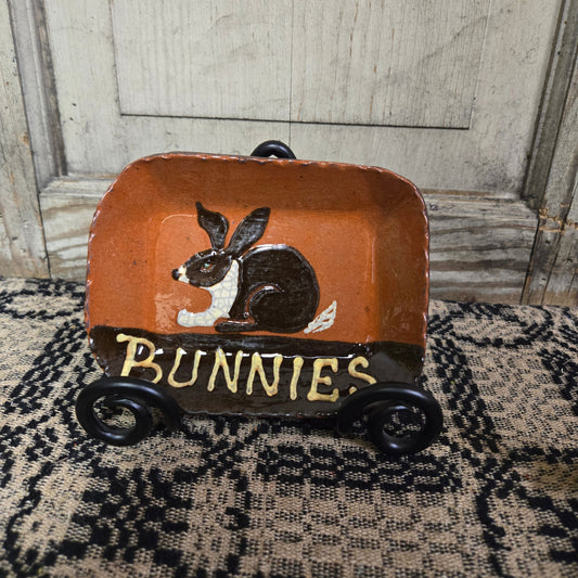 Small rectangular redware plate with animal motif and the word 'BUNNIES'