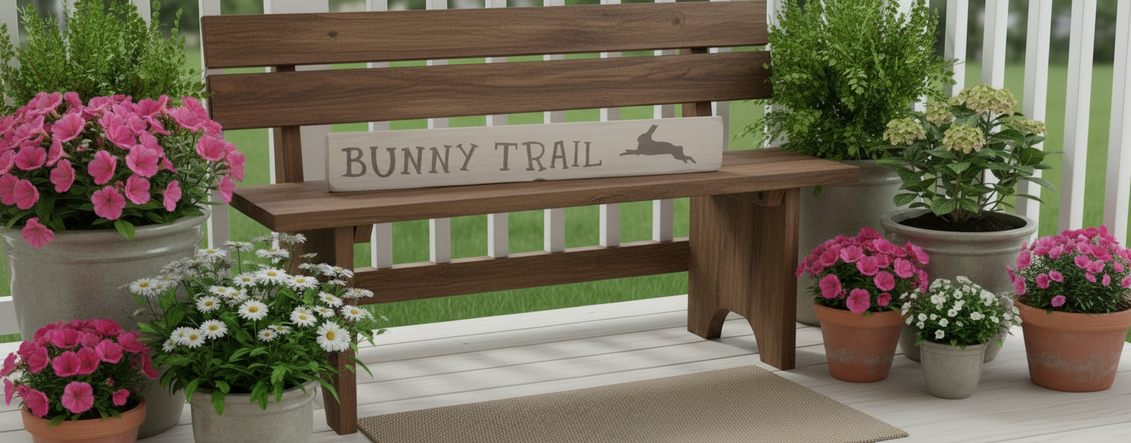 Wooden bench with 'Bunny Trail' sign surrounded by potted flowers on a patio.