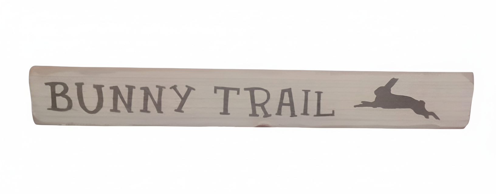 Wooden sign with 'Bunny Trail' text and rabbit silhouette on a cream background