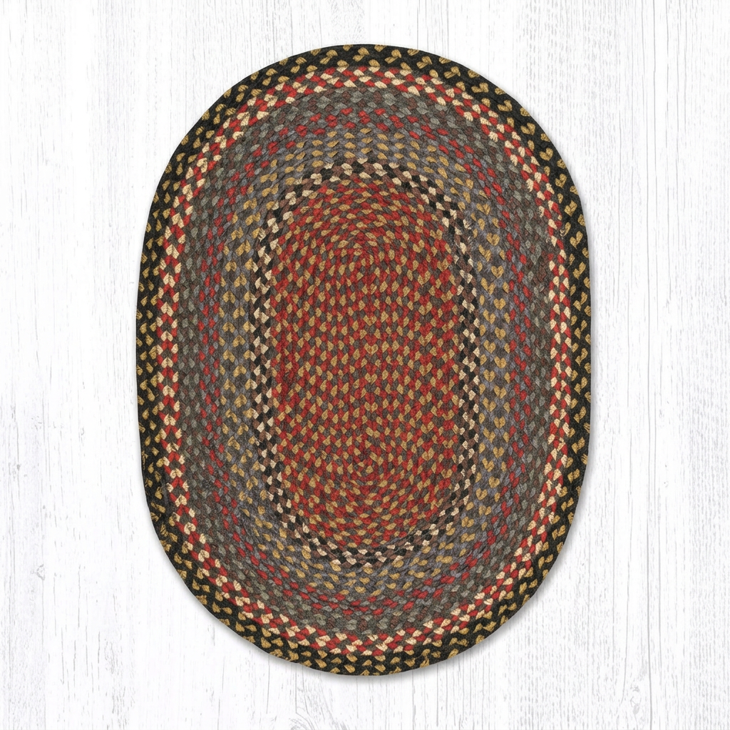 Burgundy, blue and gray oval braided rug shown vertically on a white wood background