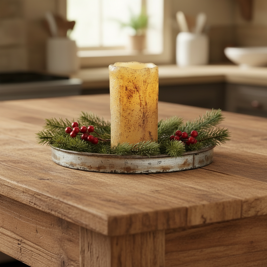 Decorative candle with greenery on a wooden table