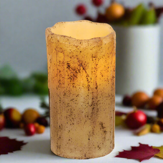 Burnt ivory drip timer pillar 3x6 pillar candle on white background