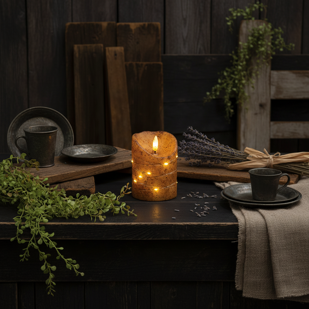 A warm glowing pillar candle with embedded fairy lights sits on a dark rustic table, surrounded by dried lavender, small black cups on saucers, plates, wood boards, and greenery in a moody styled setting.
