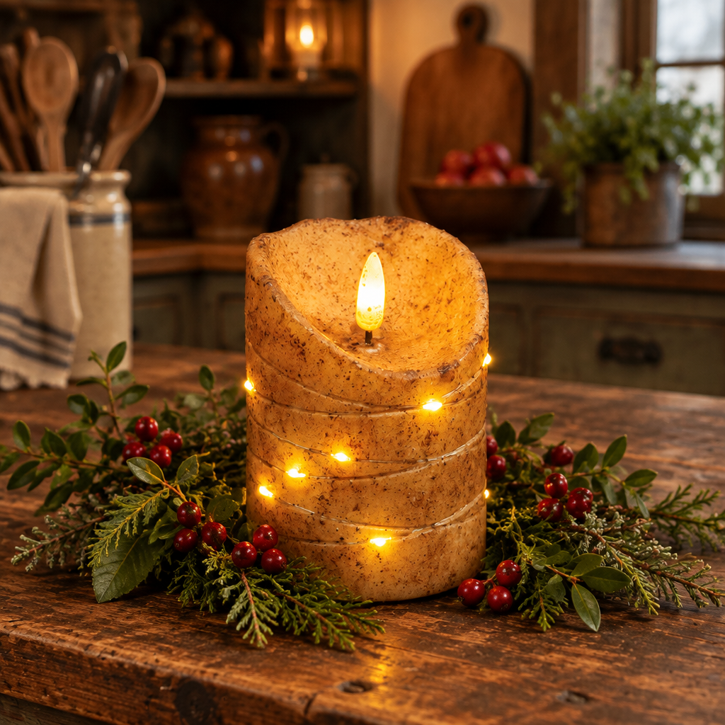 A rustic, textured pillar candle with a warm yellow flame, decorated with small warm white string lights, displayed on a wooden table with green garland and red berries in a cozy, blurred kitchen setting.