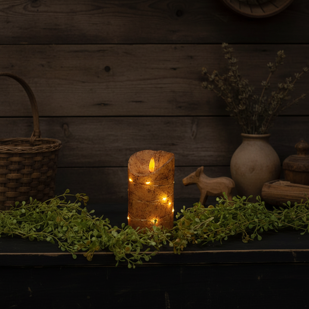 Burnt Ivory LED Wrapped Flicker Flame Timer Pillar