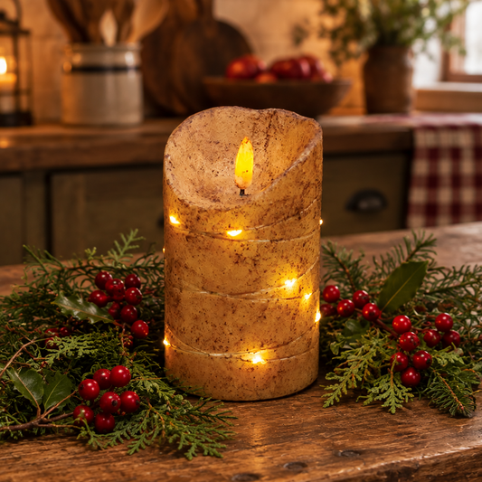 A rustic, textured pillar candle with a warm yellow flame, decorated with spiral LED fairy lights, set on a wooden table surrounded by evergreen branches and red berries in a cozy, blurred kitchen setting.