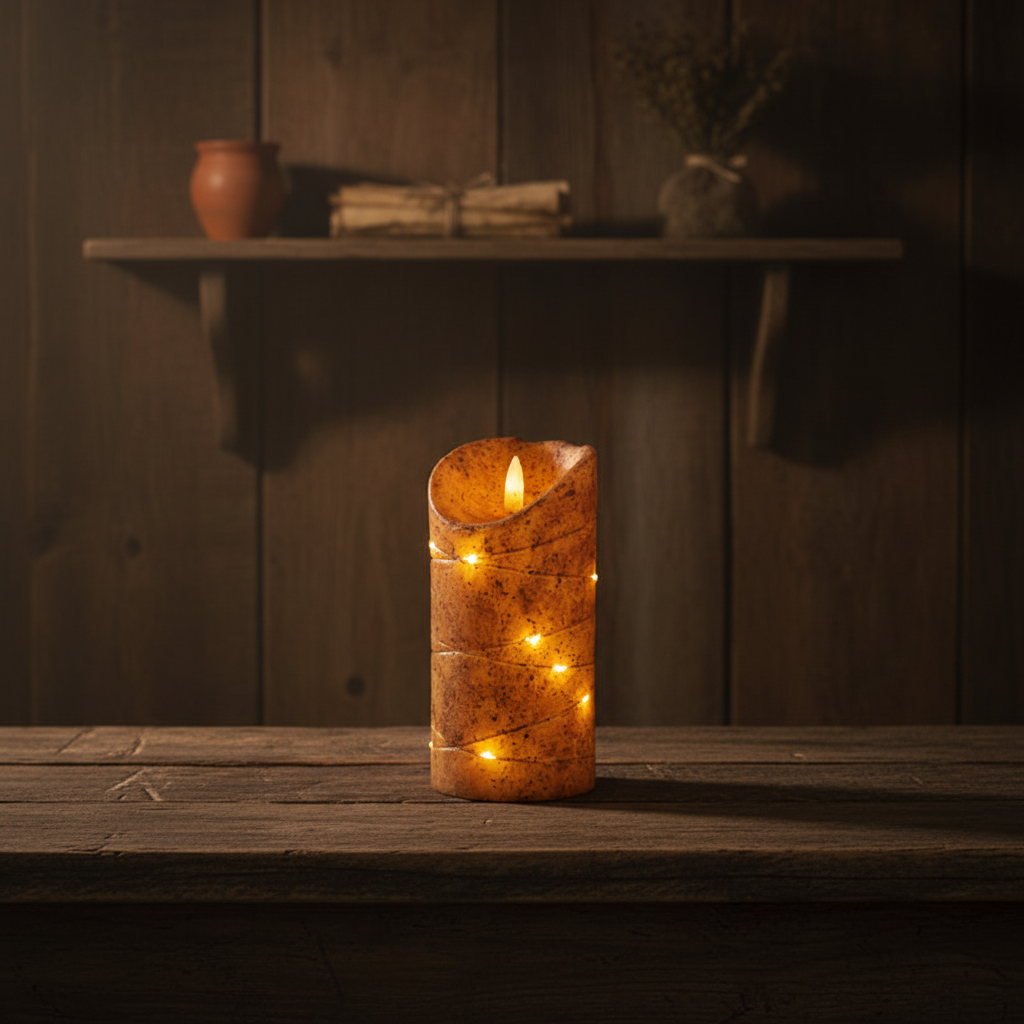 Burnt Ivory LED Wrapped Flicker Flame Timer Pillar