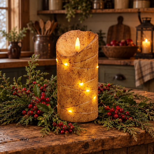 A rustic, textured pillar candle with a warm yellow flame, wrapped in a spiral of warm white LED fairy lights, displayed on a wooden table surrounded by evergreen branches and red berries in a cozy kitchen setting.