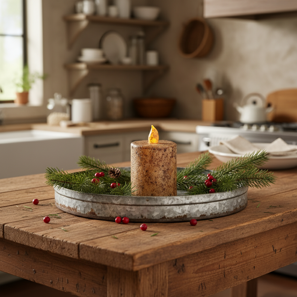 Decorative candle with greenery on a wooden table in a kitchen setting