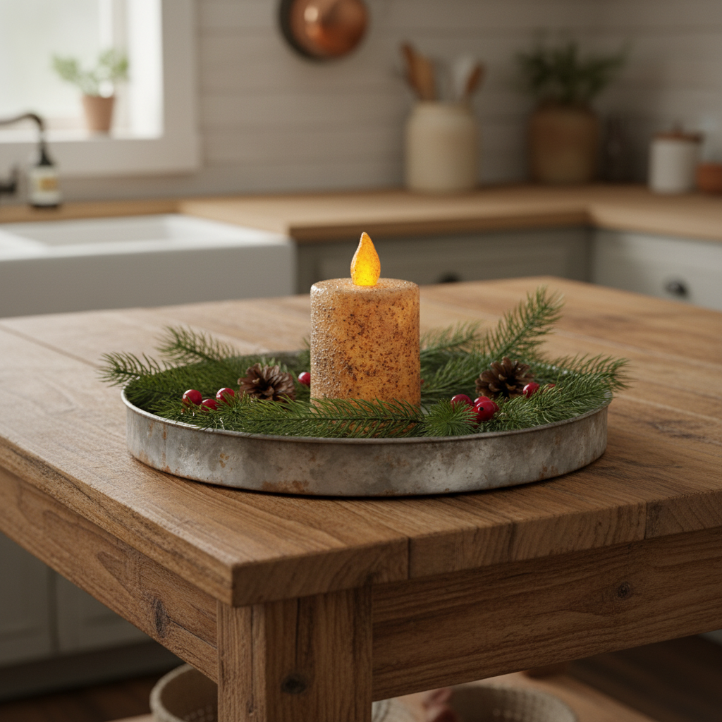 Decorative candle with greenery on a wooden table in a kitchen setting