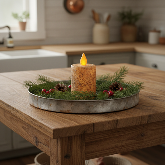 Decorative candle with greenery on a wooden table in a kitchen setting