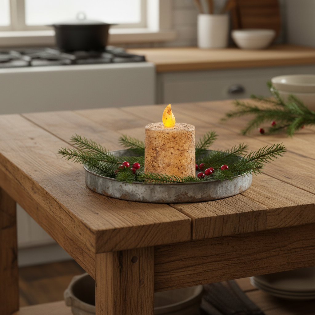 Decorative candle with greenery on a wooden table in a kitchen setting