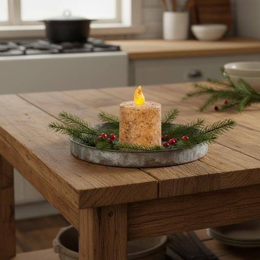 Decorative candle with greenery on a wooden table in a kitchen setting