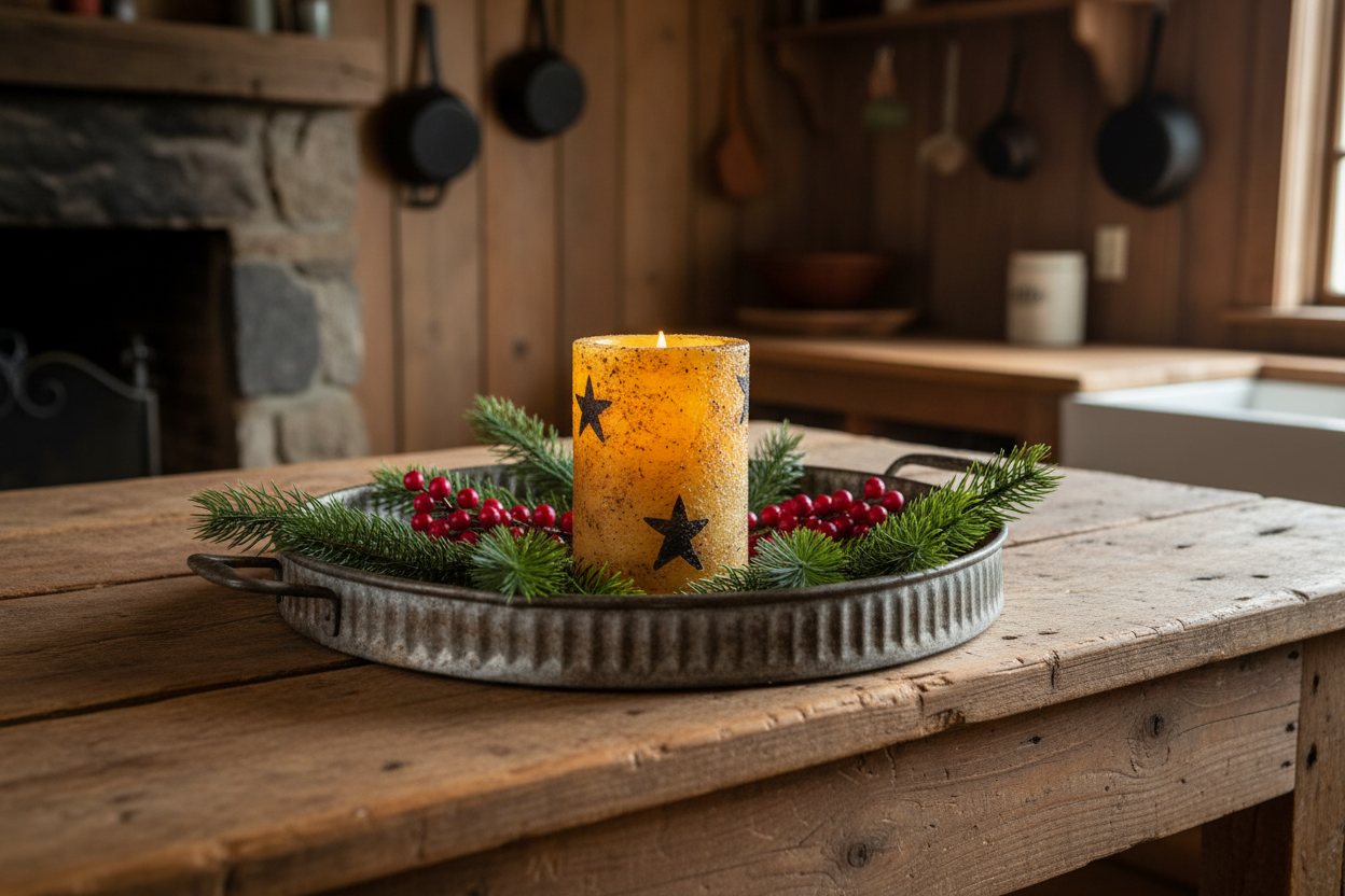 Decorative candle with star patterns on a metal tray with greenery on a wooden table.