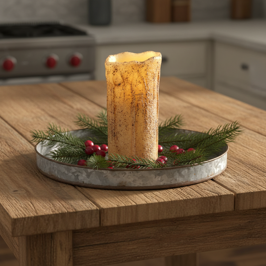 Decorative candle with greenery and berries on a wooden table in a kitchen setting