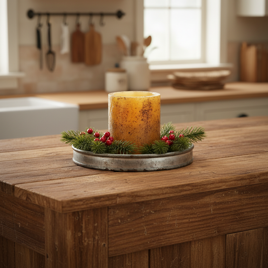 Decorative candle with greenery on a wooden surface in a kitchen setting
