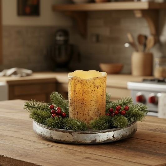 Decorative candle with greenery and berries on a gray background