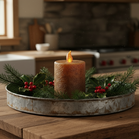 Decorative candle with greenery on a metal tray in a kitchen setting