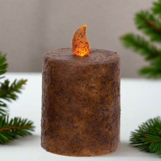 Burnt mustard flame timer pillar on white background