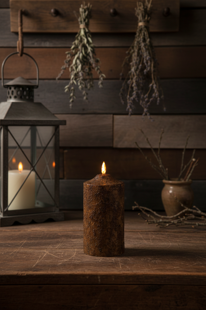 A rustic brown textured pillar candle with a lit flame sits on a wooden table, styled with a black lantern, dried lavender bundles, and a small vase against a dark wood plank wall.