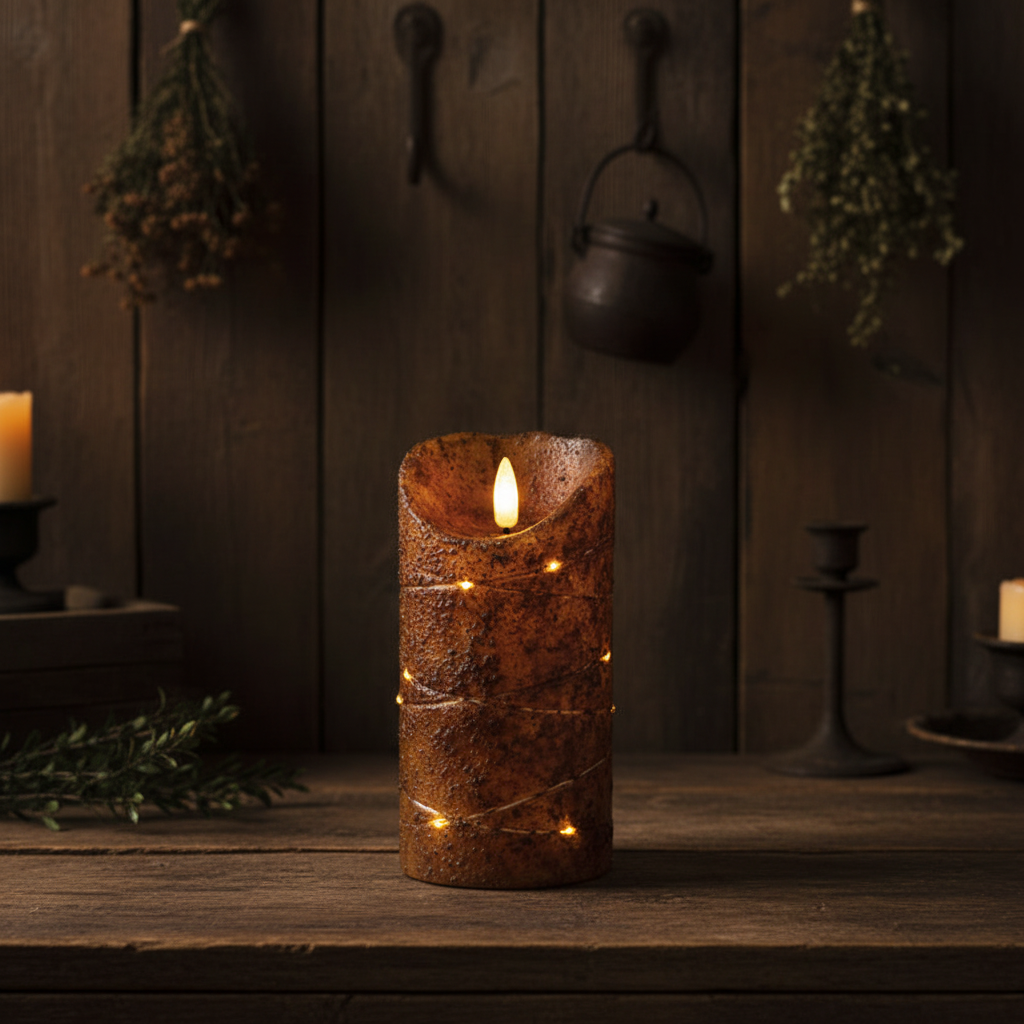 A rustic brown faux candle with a glowing flame effect and wrapped warm fairy lights, displayed on a wooden table against a dark wood-paneled background with hanging dried botanicals.
