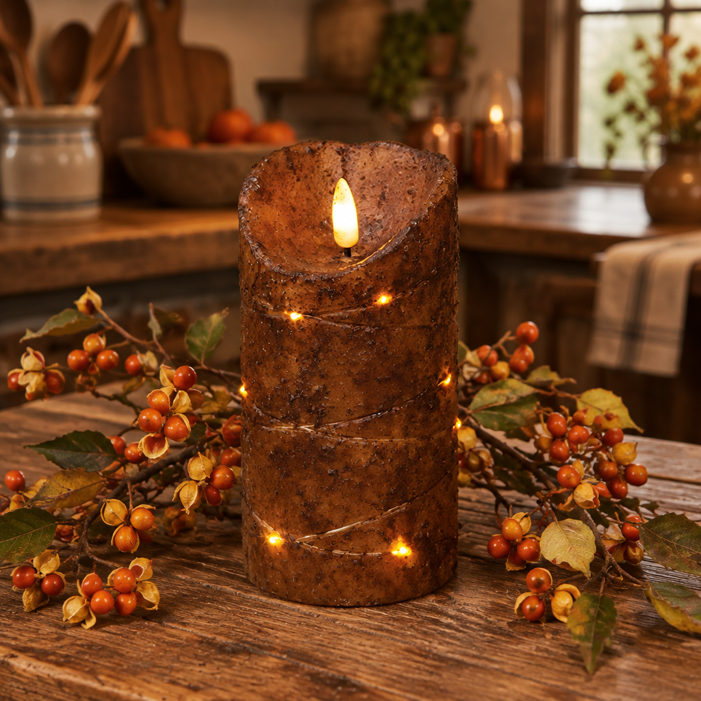 A rustic brown pillar candle with a glowing flame, wrapped with warm string lights, displayed on a wooden table with autumn berry branches in a cozy kitchen setting.