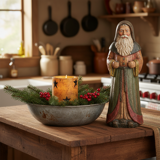 Decorative candle and statue on a kitchen counter with pots and pans in the background