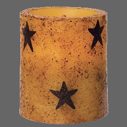 Vintage-style candle with star patterns on a white background