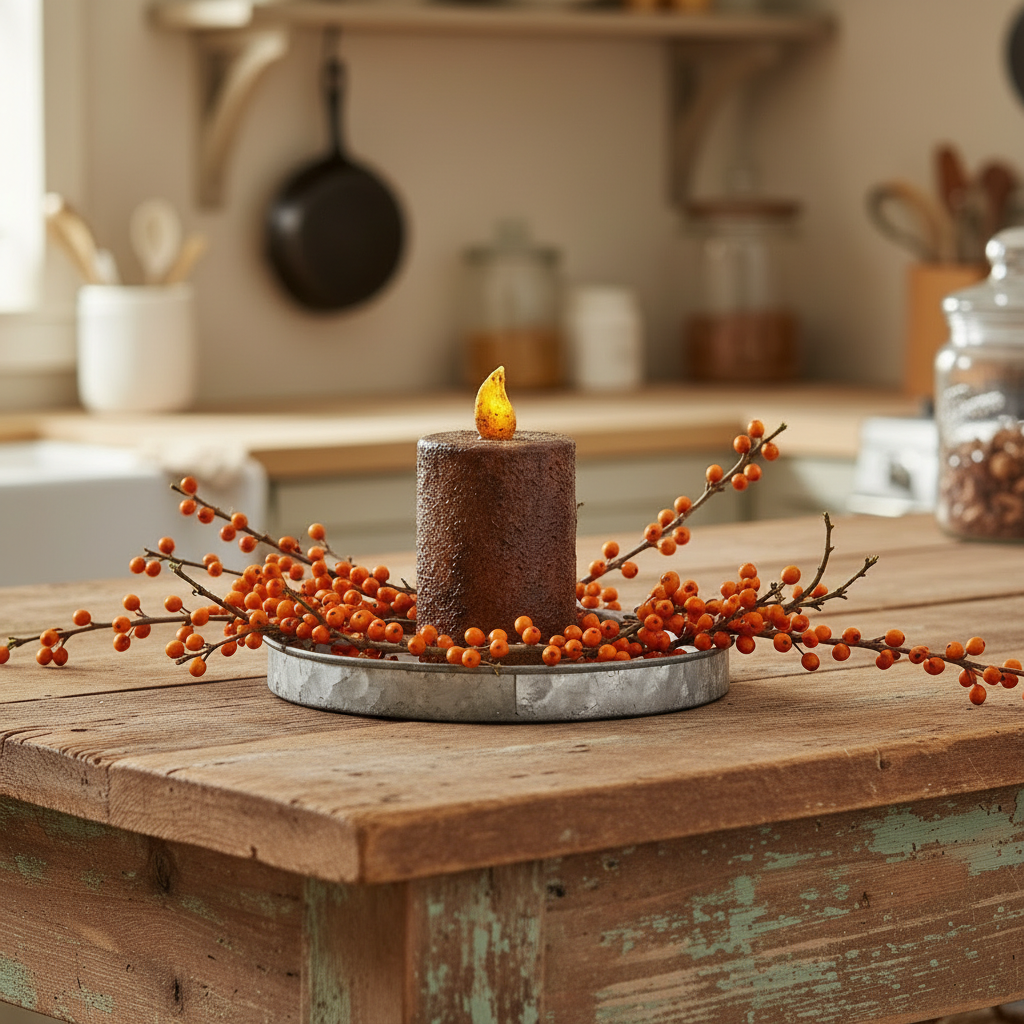 Decorative candle with berries on a rustic wooden table in a kitchen setting