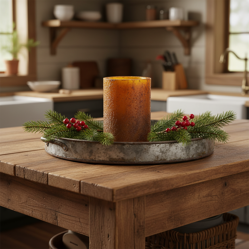 Decorative candle with greenery on a wooden table in a kitchen setting
