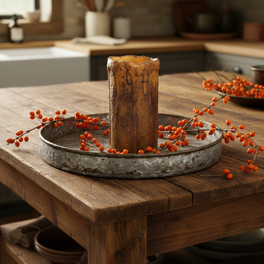 Decorative candle with berries on a rustic wooden table in a kitchen setting