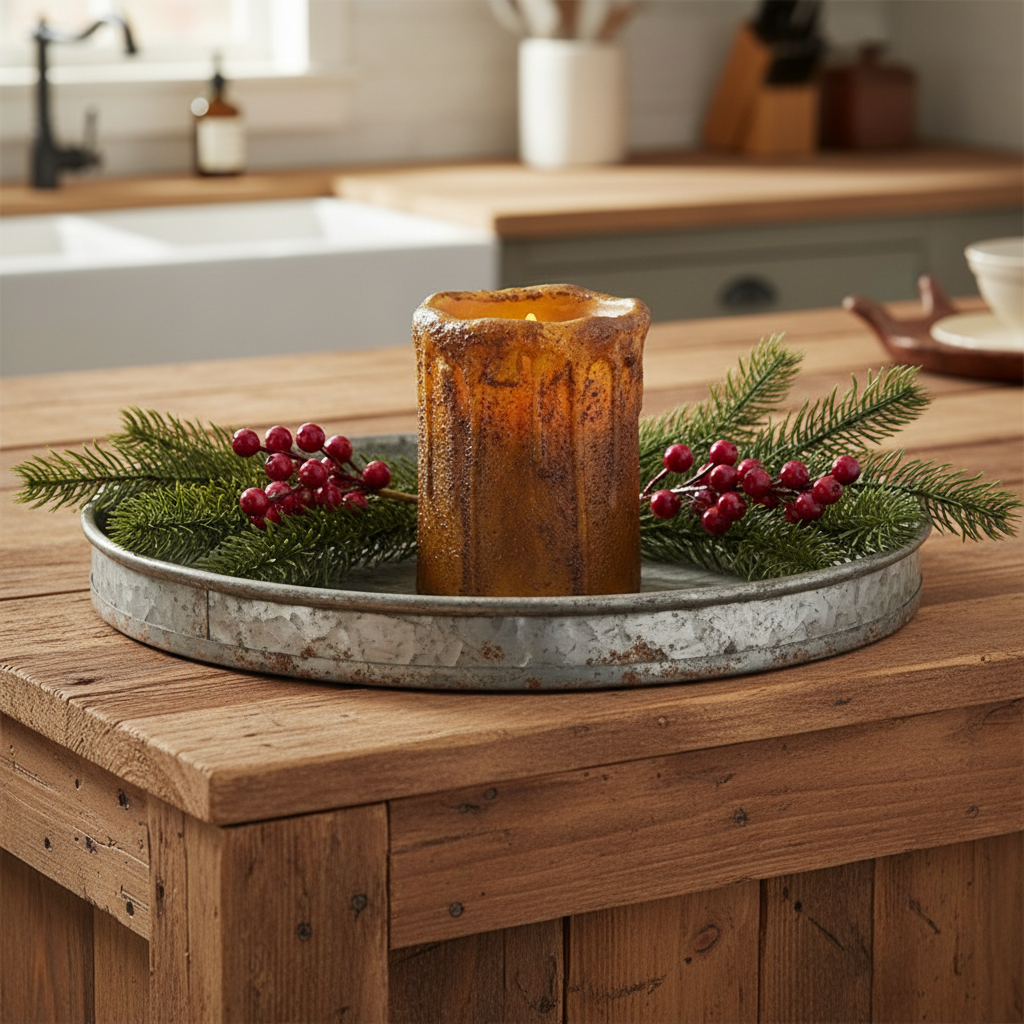 Decorative candle on a metal tray with greenery on a wooden surface