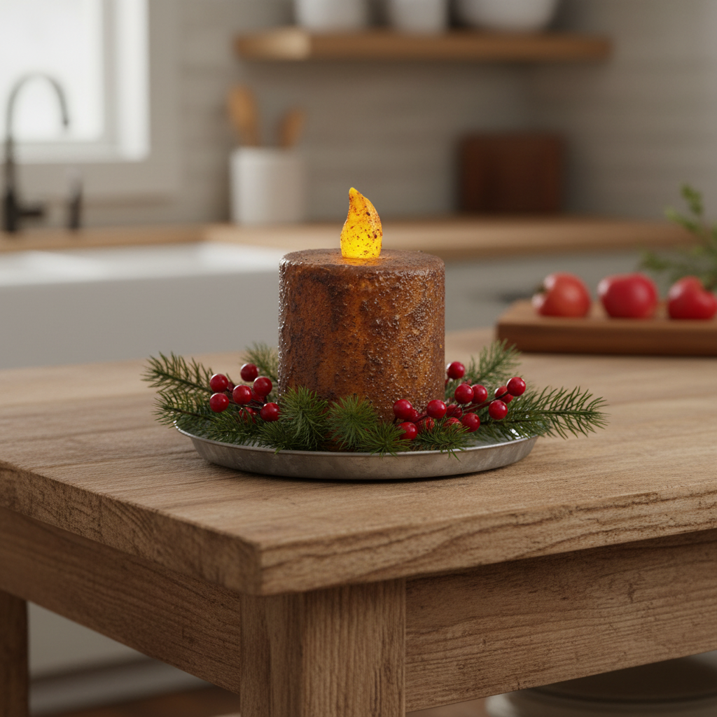 Decorative candle with berries and greenery on a wooden table in a kitchen setting
