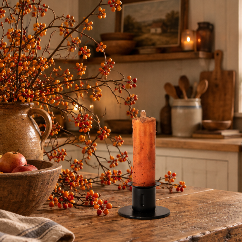 A tall amber-orange candle in a black metal holder sits on a rustic wooden kitchen island, surrounded by fall decor including berry branches, a ceramic pitcher, and a bowl of apples in a warm, sunlit kitchen.