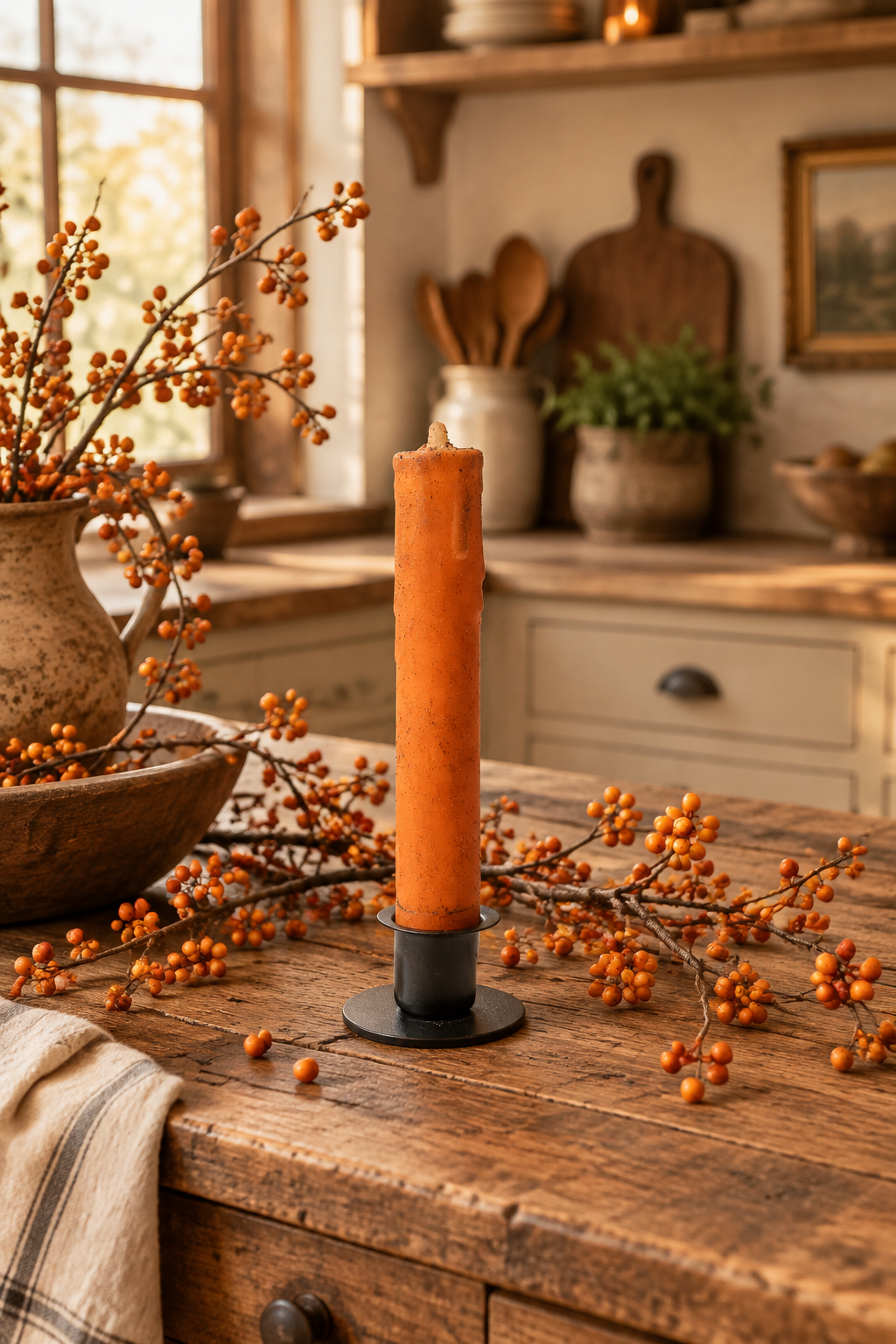 Burnt orange color candle in wrought cup on antique table with bittersweet.