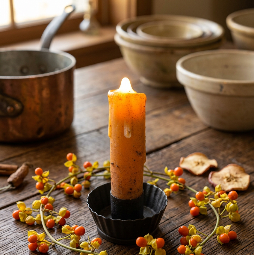 A lit orange taper candle in a black metal holder sits on a rustic wooden table, surrounded by a berry garland, a spoon, cinnamon sticks, and ceramic bowls in the background.