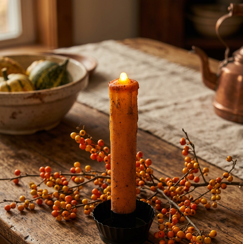 A lit orange taper candle in a black holder, styled on a rustic wooden table with berry branches and a table runner in a warm indoor setting.