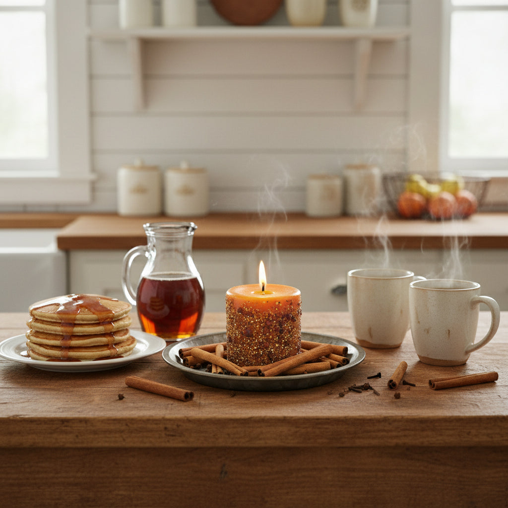 Burning candle in kitchen setting with pancakes, syrup, and coffee.