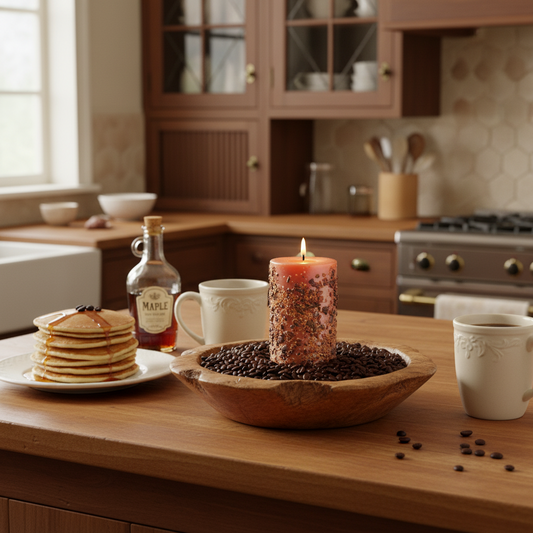 Kitchen counter with pancakes, coffee, and a lit candle