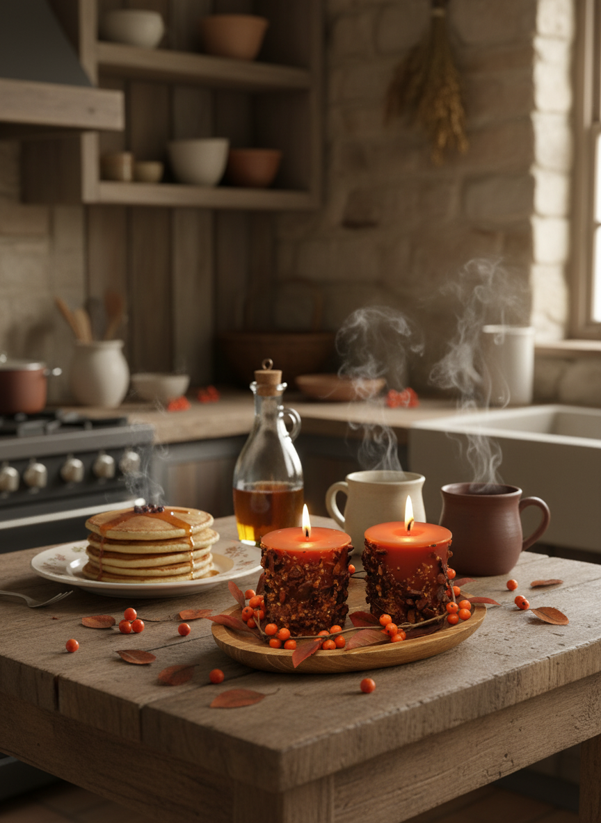 Stack of pancakes with syrup, candles, and autumn decorations on a rustic kitchen counter.