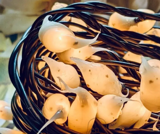 A close-up image of a strand of silicone string lights with visible LED lights glowing in the dark.