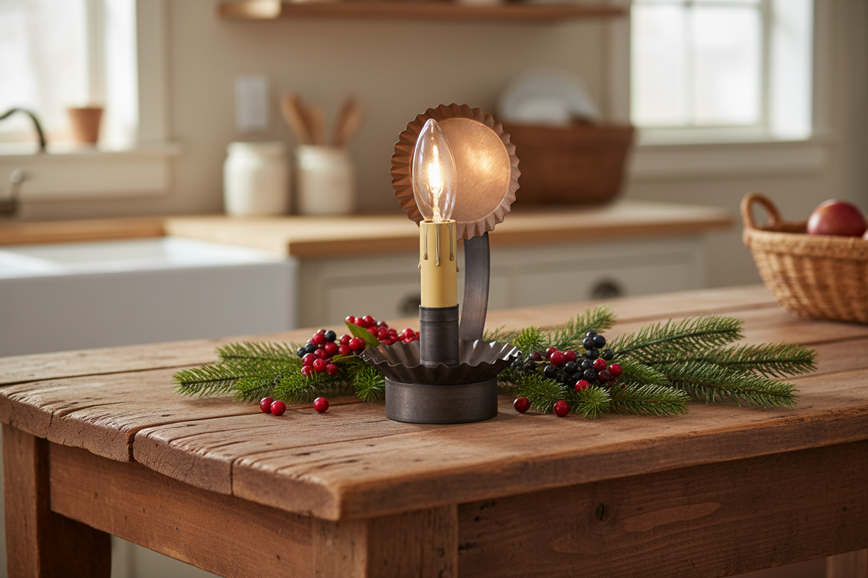 Decorative lamp with a light bulb on a wooden table in a kitchen setting