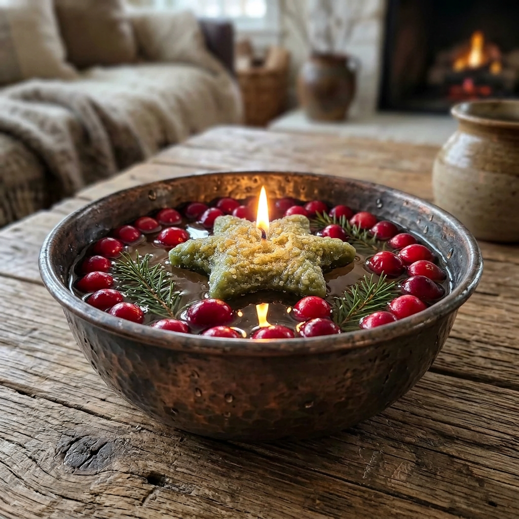 Lit green star-shaped floating candle in a rustic metal bowl with cranberries and evergreen sprigs on a wooden table.