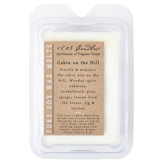 Package of soy wax melts labeled "Cabin on the Hill"
