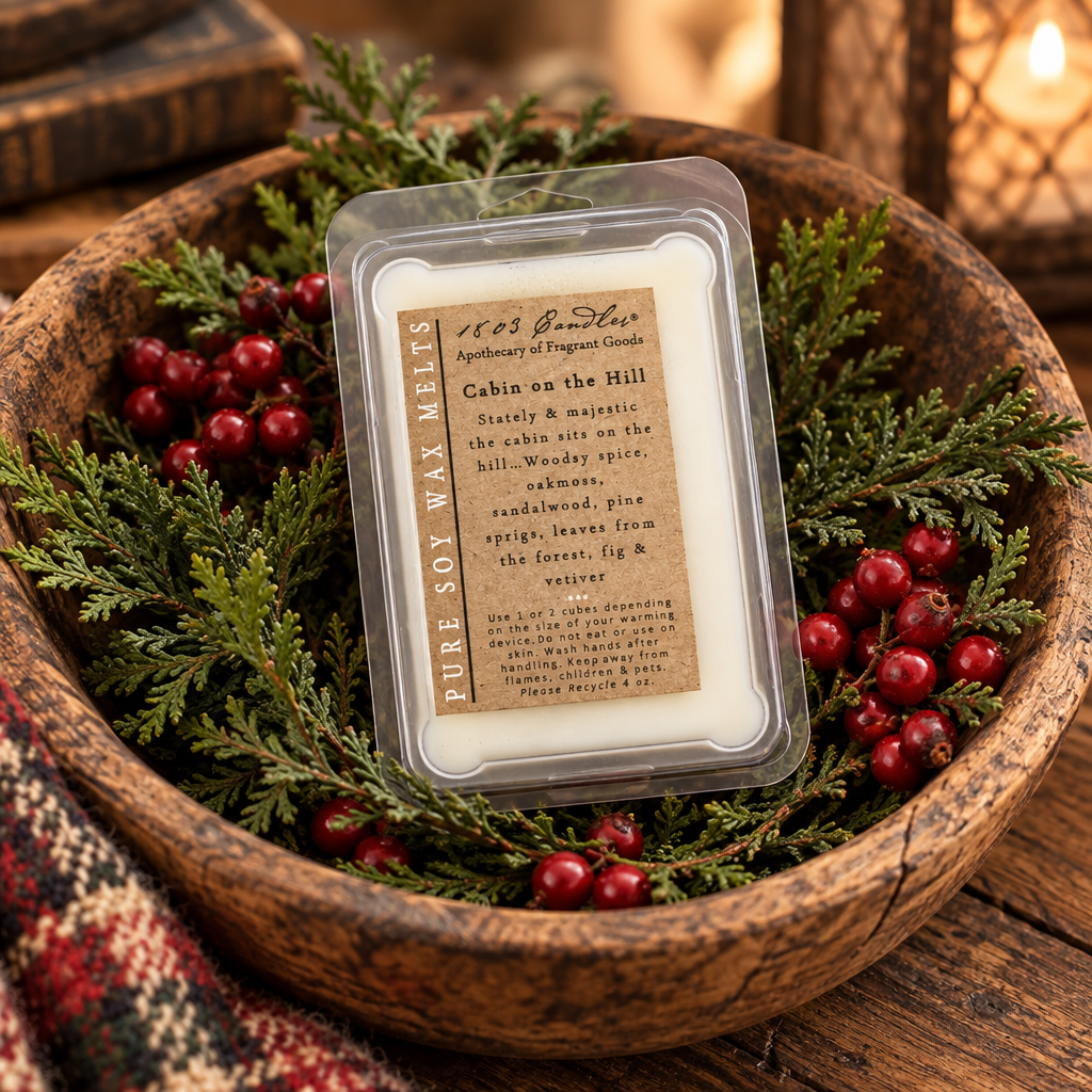 A clear plastic clamshell package of Pure Soy Wax melts containing off-white wax, with a brown paper label reading 'Cabin on the Hill'. The package is styled in a rustic wooden bowl filled with green pine branches and red berries on a wooden table.