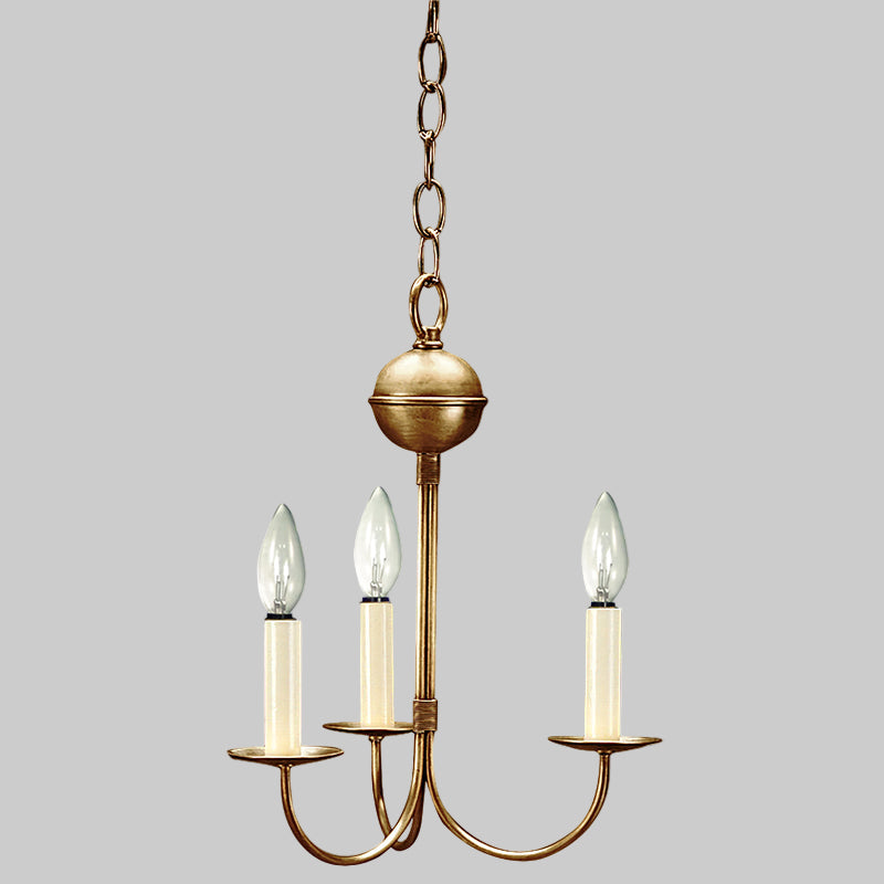 Bronze chandelier with three candle-style lights on a white background