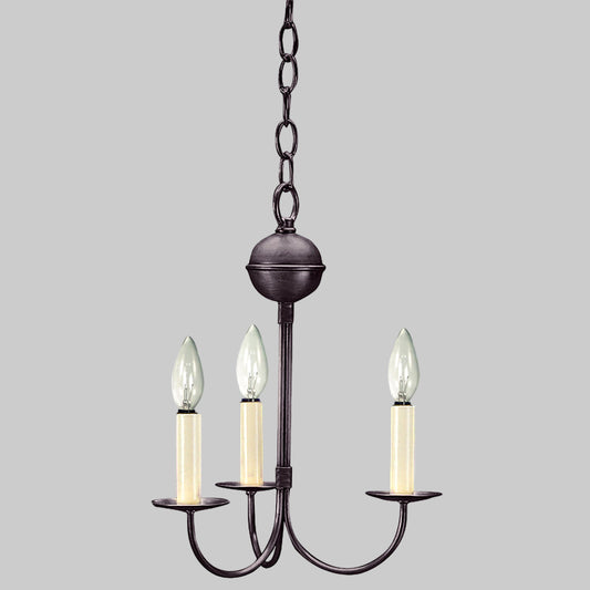 Black chandelier with three candle-style lights on a white background