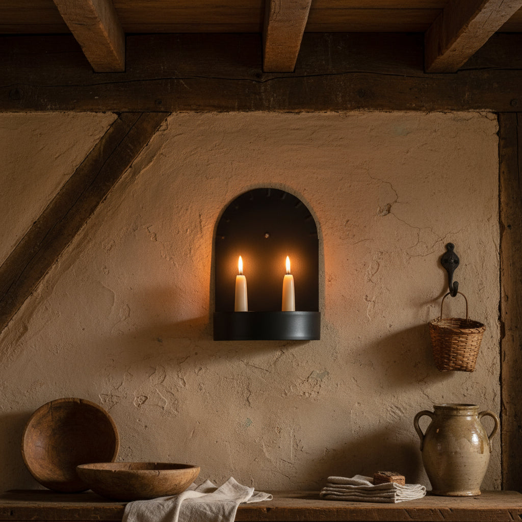 A smokey black metal sconce with two lit candles inserted into it, mounted on a wall.