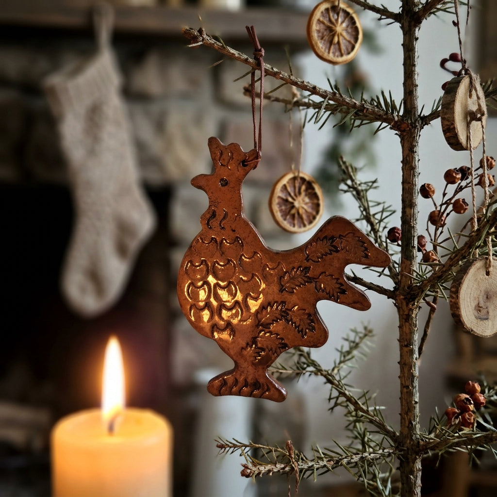 Rooster-shaped redware ornament with a glossy brown glaze, etched feather details, a tall comb, spread tail feathers, and a hanging cord.