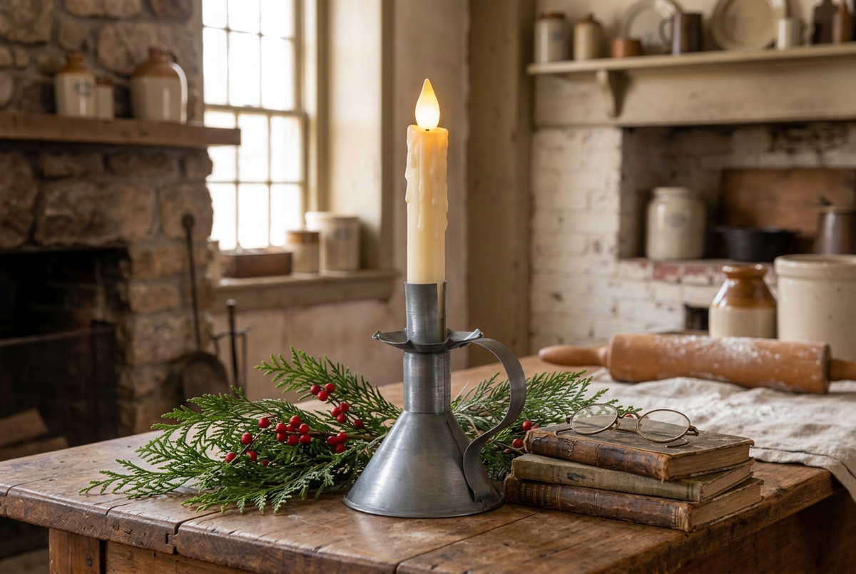 Candle stand in antique tin with fresh cedar greens and berries surrounded by old books and antique reading glasses.